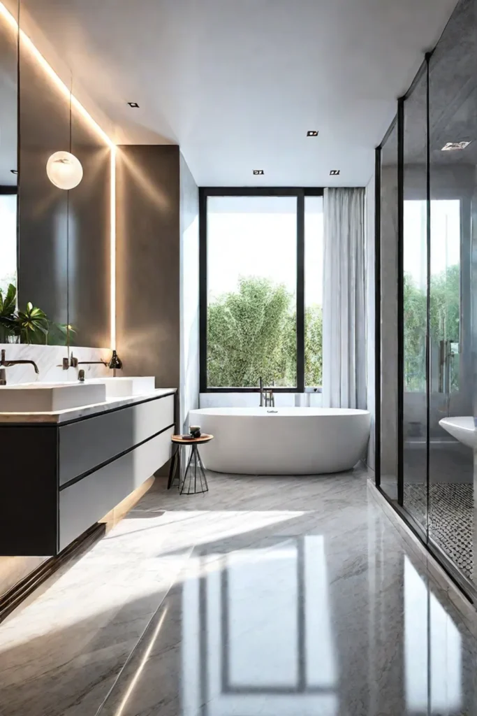 Luxury bathroom with heated marble floor and walls