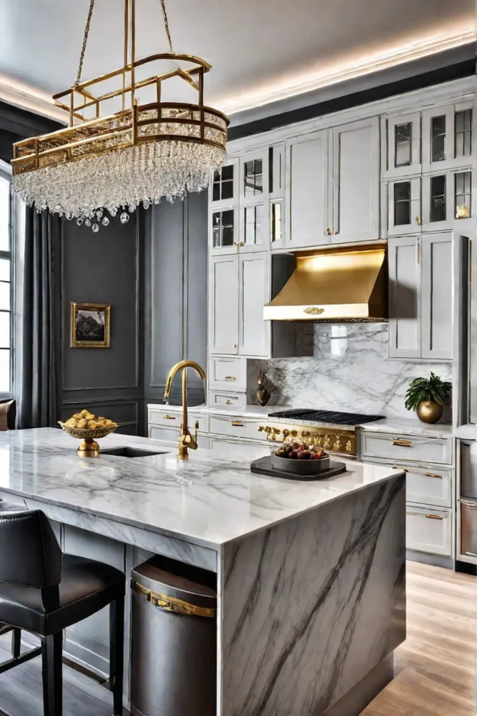 Marble island and gold hardware kitchen