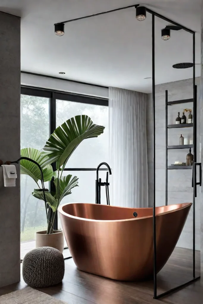 Master bathroom and bedroom with copper bathtub and rainfall showerhead