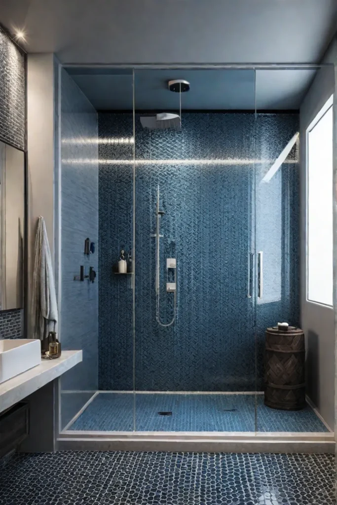 Master bathroom shower with porcelain and glass tile combination