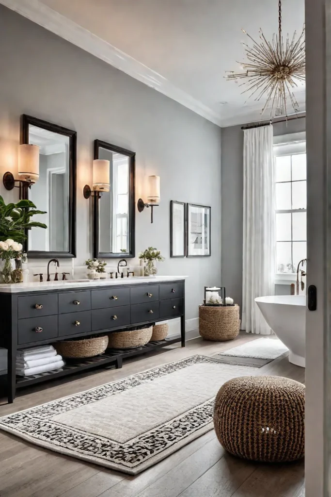 Master bathroom with decorative accents including antique mirrors apothecary jars and botanical
