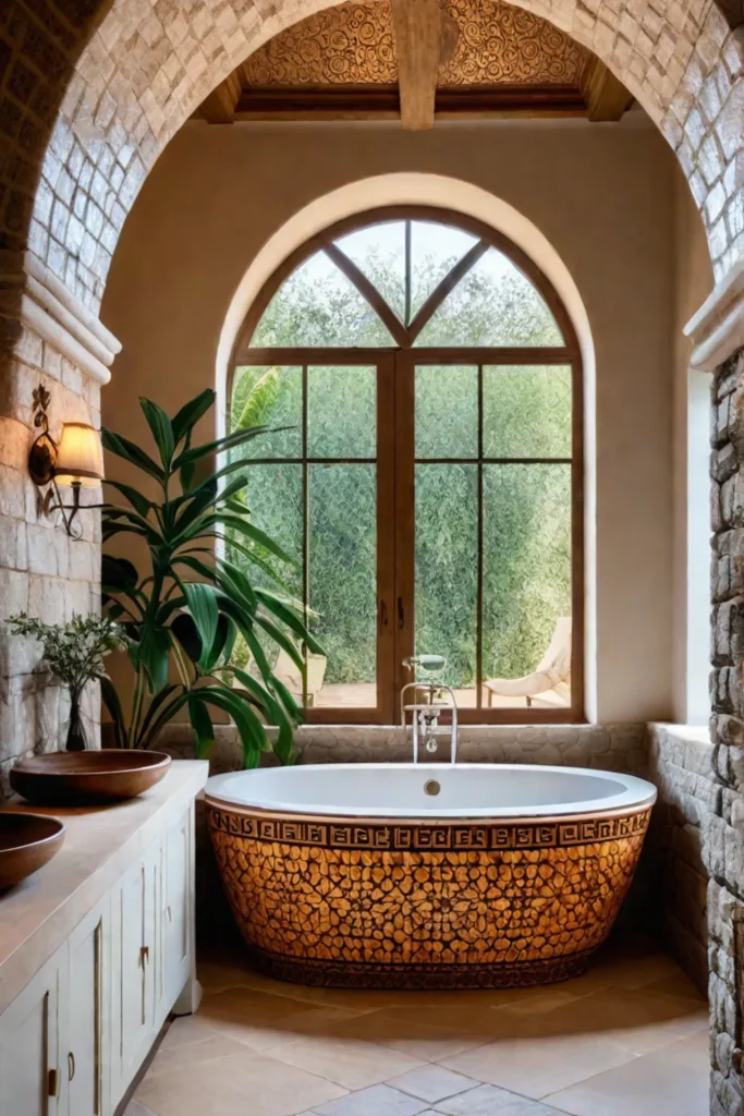 Mediterranean bathroom with stone resin bathtub and mosaic tiles