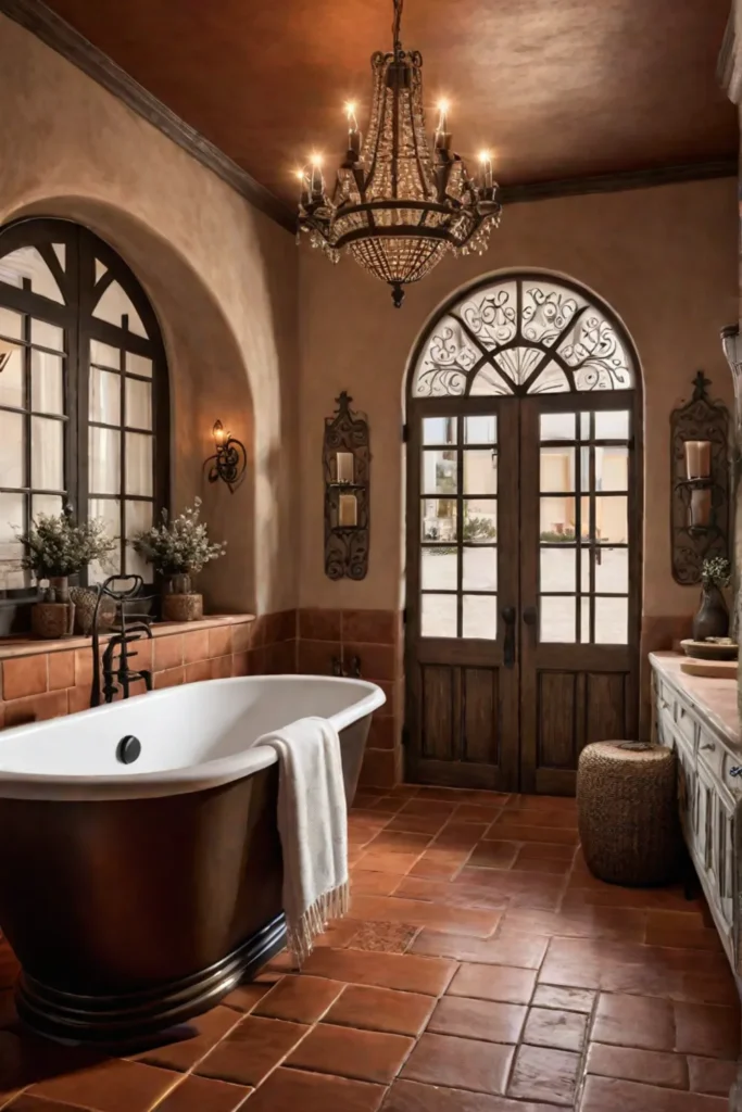 Mediterranean bathroom with terracotta tiles stucco walls and wrought iron details