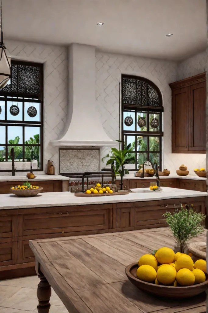 Mediterranean kitchen countertop with a bowl of lemons