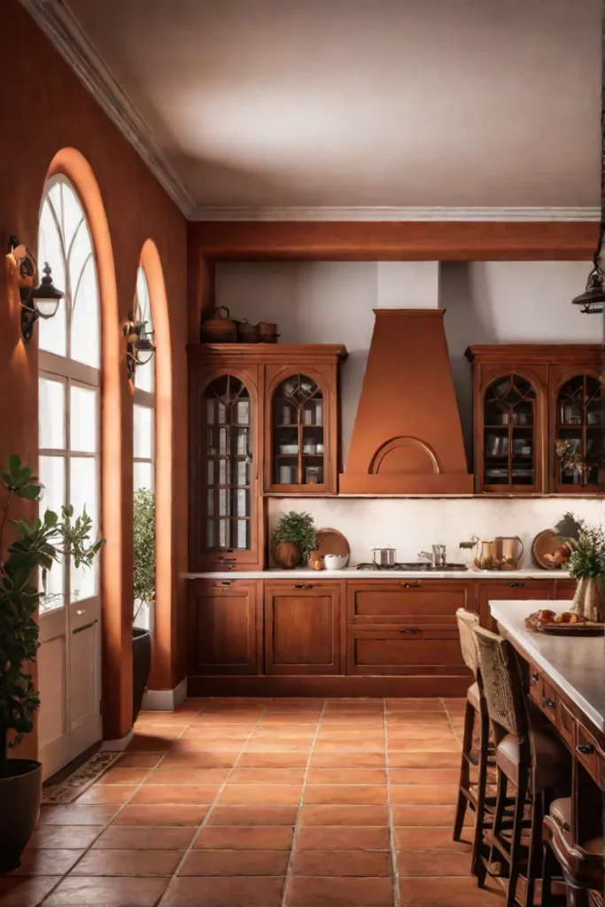 Mediterranean kitchen with terracotta tile flooring
