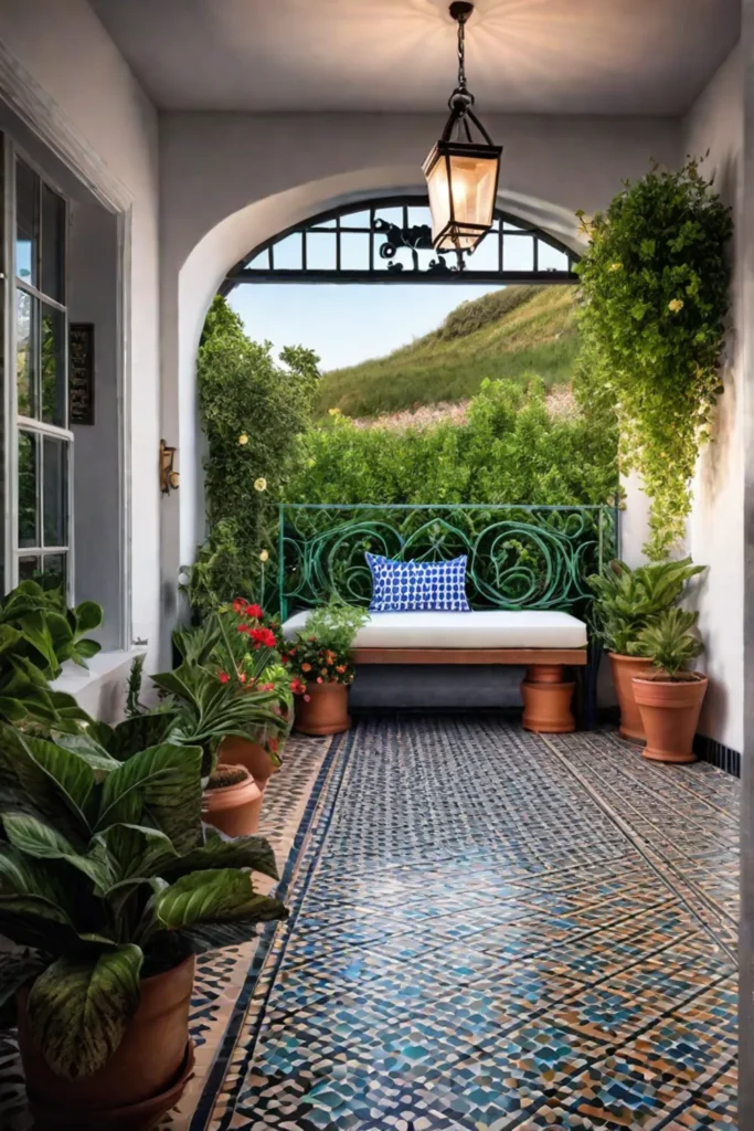 Mediterranean porch with a tiled patio and mosaic design