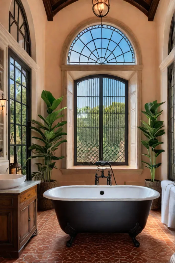 Mediterraneanstyle master bathroom with terracotta tiles a clawfoot tub and a handpainted