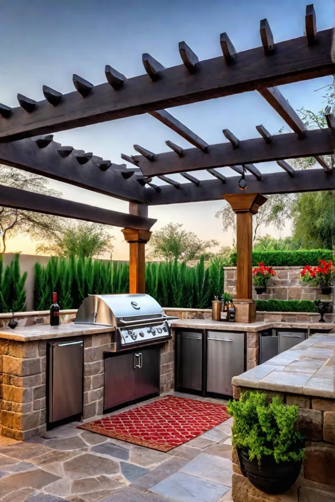 Mediterraneanstyle_patio_with_a_colorful_outdoor_kitchen_and_a_shaded_dining_area_under_a_pergola