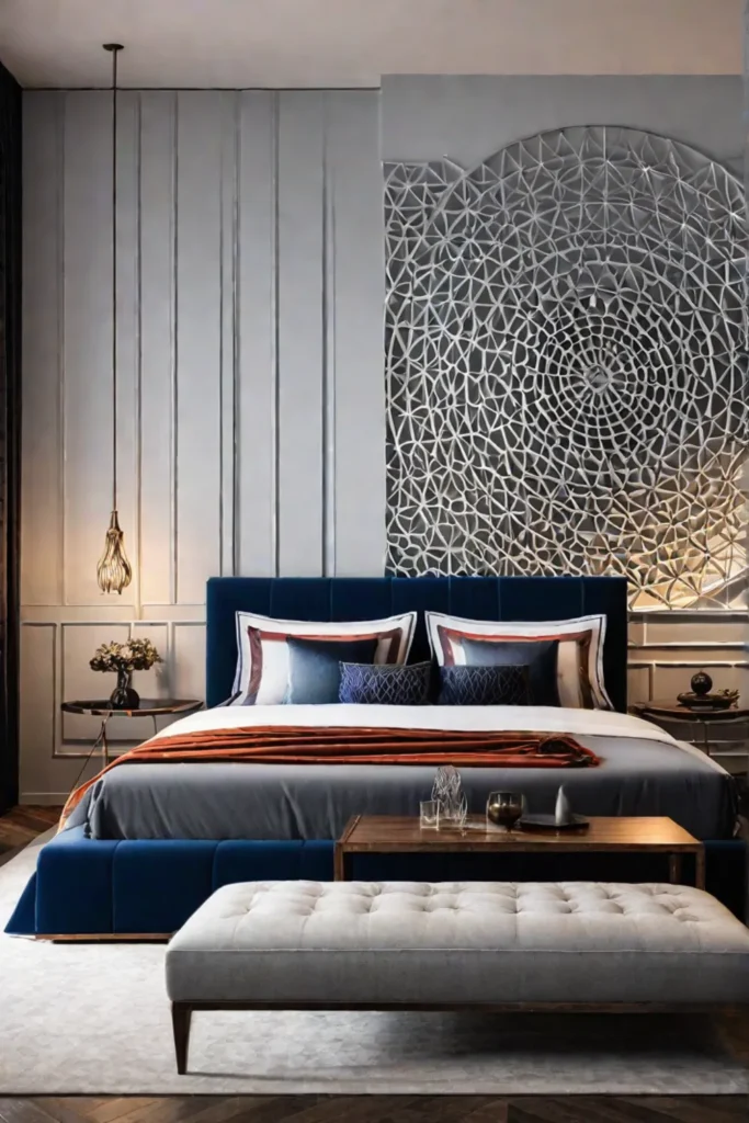 Metal sculptural wall decor in a warm and inviting bedroom