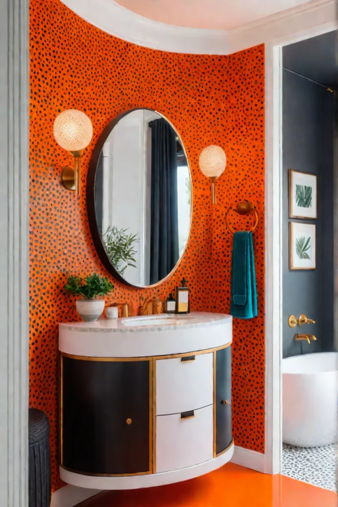 Midcentury modern bathroom with terrazzo tiles a floating vanity and bold colors