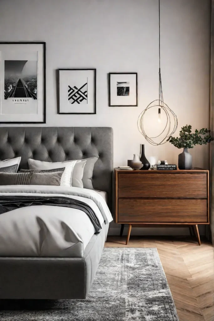 Midcentury modern bedroom with geometric patterns and iconic furniture