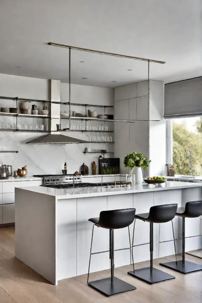 Midcentury modern kitchen with Eames bar stools and stainless steel appliances