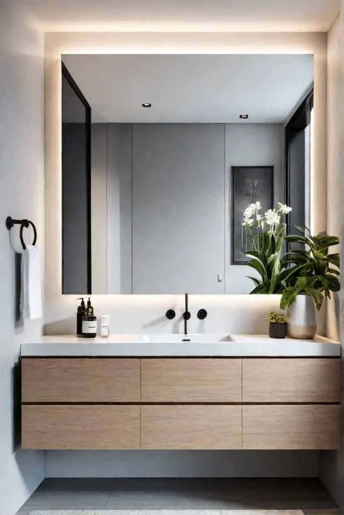 Minimalist bathroom with floating vanity and vessel sink