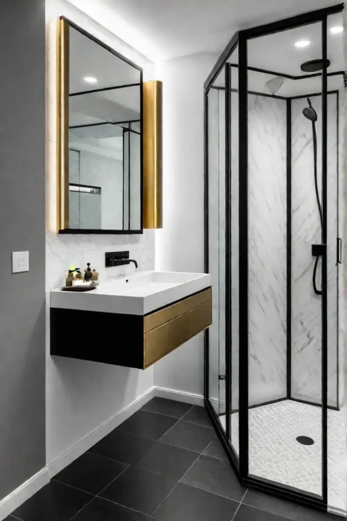 Minimalist bathroom with geometric tiles and metallic accents