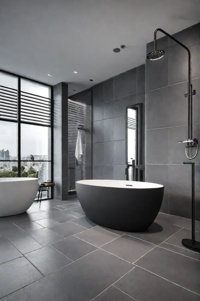 Minimalist bathroom with gray tile and matching grout