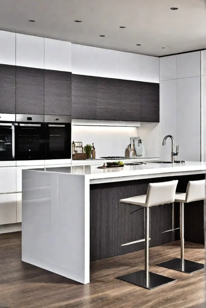 Minimalist contemporary kitchen with white cabinets stainless steel appliances and concealed storage