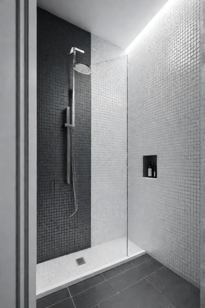 Minimalist grid tile layout in a small shower