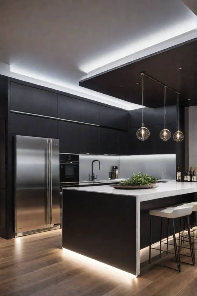 Minimalist kitchen with track and recessed lighting