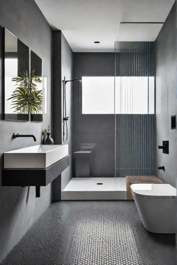 Minimalist bathroom with dark gray porcelain floor tiles and walkin shower