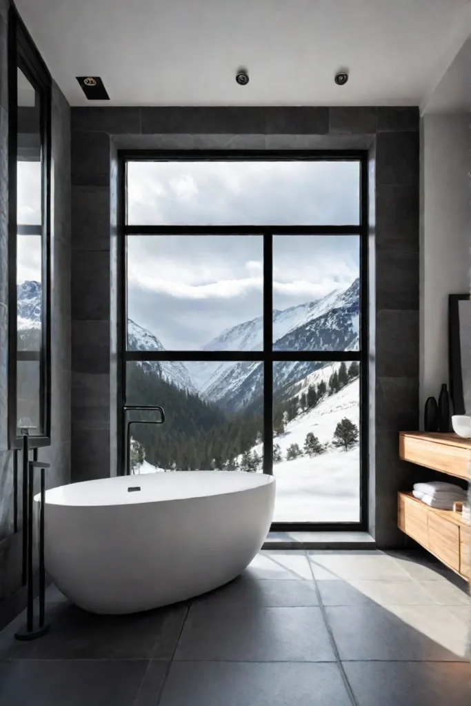 Minimalist bathroom with heated slate floor and snowy view