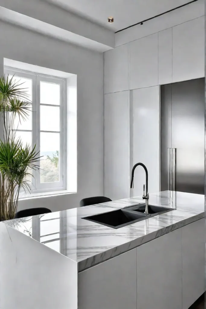 Minimalist kitchen design with laminate counters resembling stone