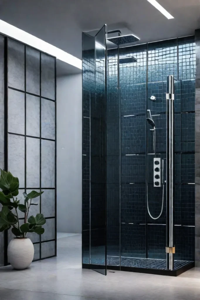 Mirrored tiles enhancing brightness and depth in a small shower