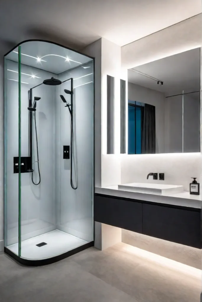 Mirrored cabinet with integrated lighting creating an illusion of space in a small bathroom