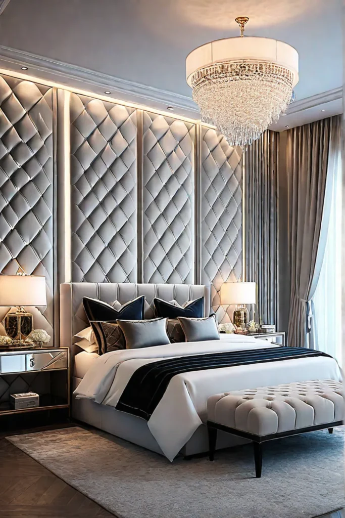 Mirrored wall panel in a luxurious bedroom with velvet headboard