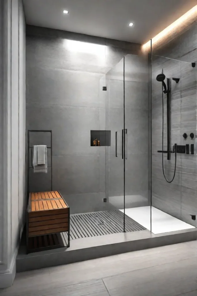 Modern bathroom shower with gray porcelain tiles