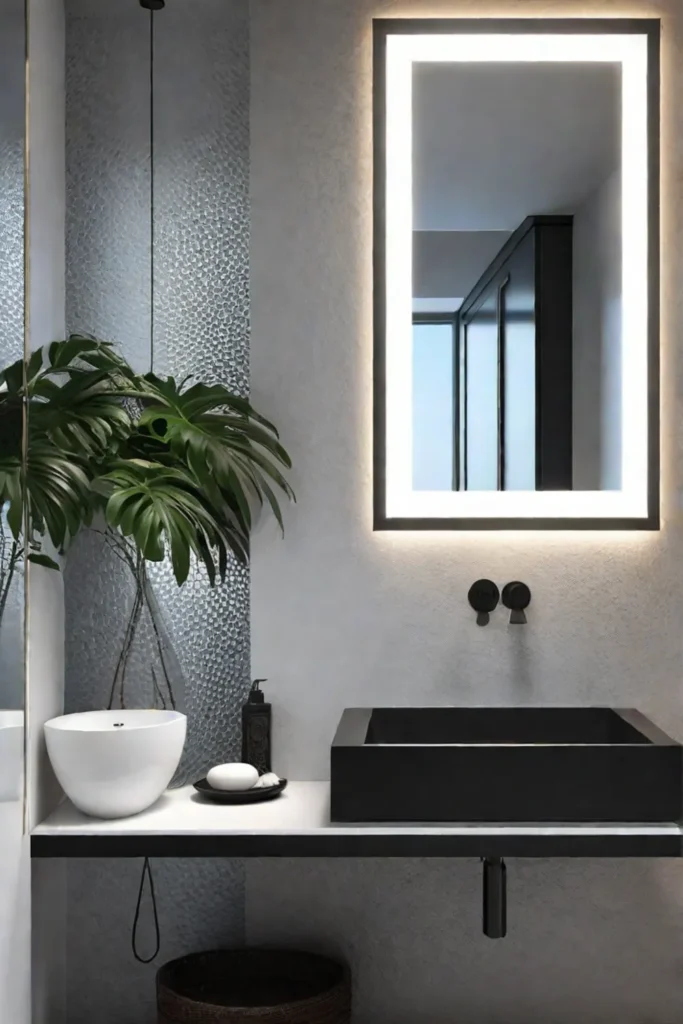 Modern bathroom with black and white tiles and floating vanity