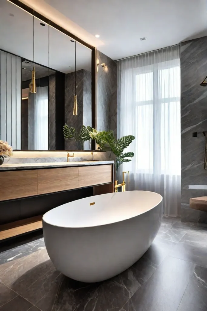 Modern bathroom with marble tiles and brass fixtures
