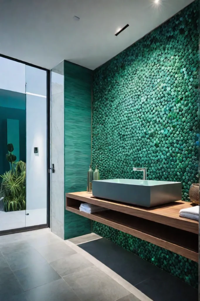 Modern bathroom with mosaic tiles and waterfall faucet