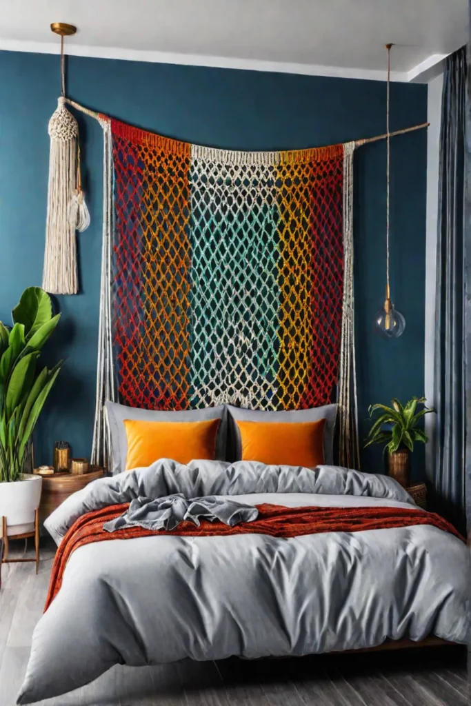 Modern bedroom with colorful macrame wall hanging