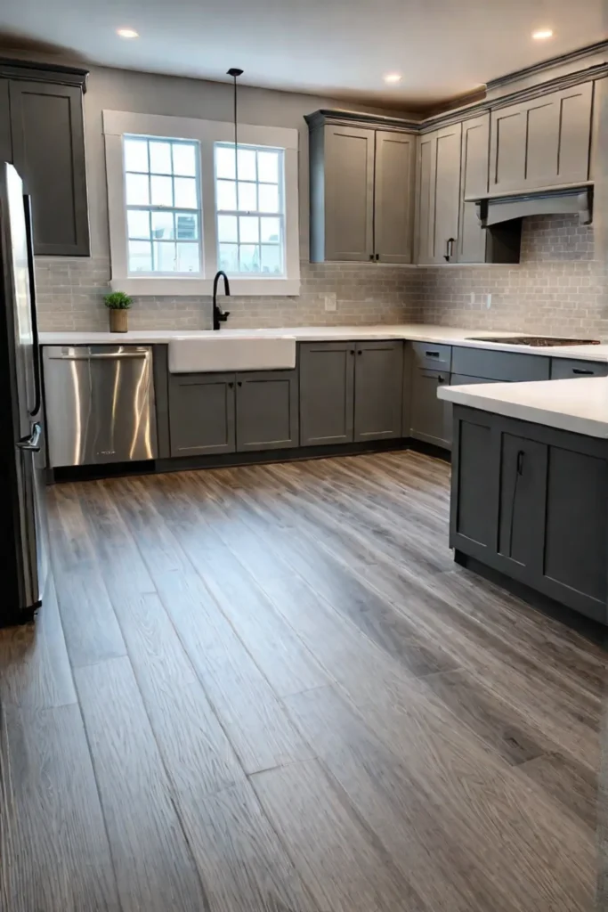Modern farmhouse kitchen with woodlook LVP flooring
