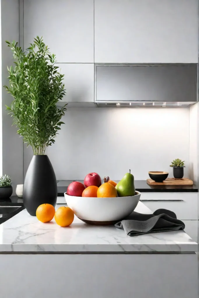 Modern kitchen countertop with decorative bowls and a potted plant