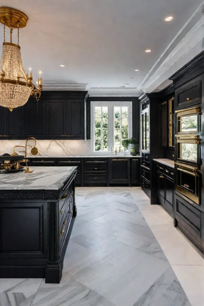 Modern kitchen with black cabinetry and brass hardware
