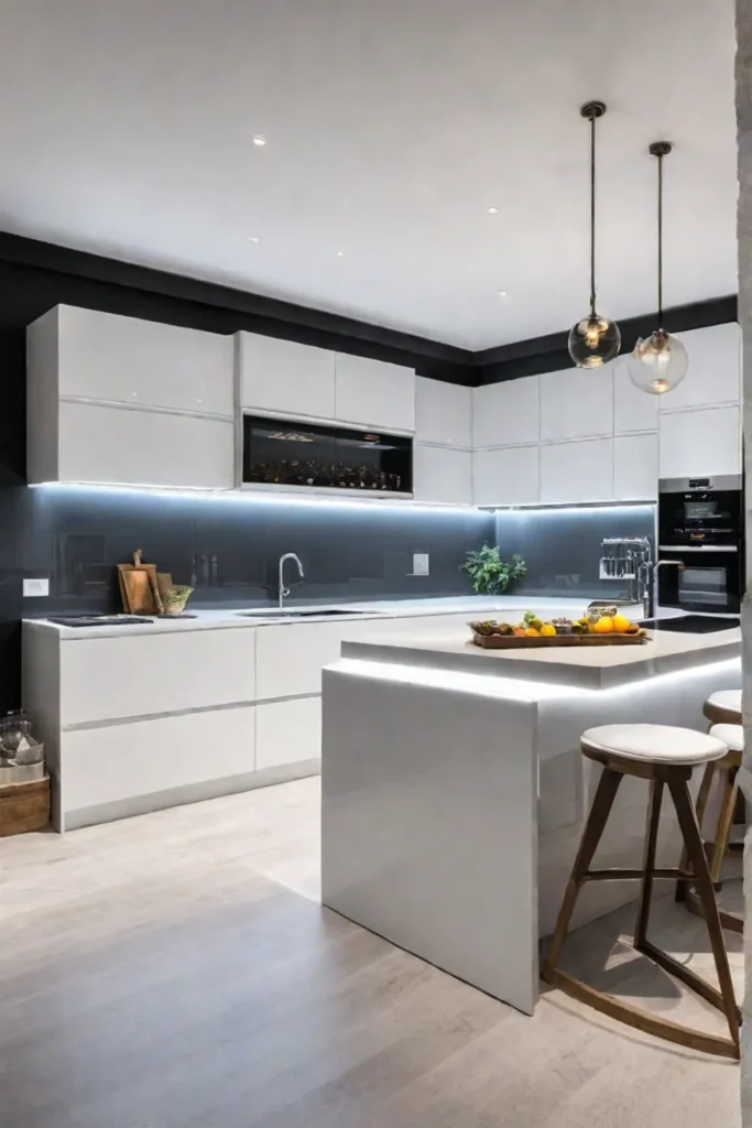 Modern kitchen with layered lighting and quartz countertops