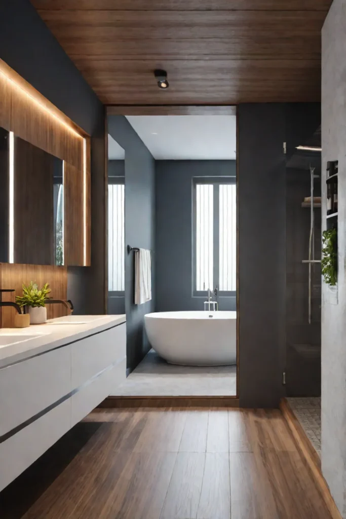 Modern minimalist bathroom with clean lines and ample storage