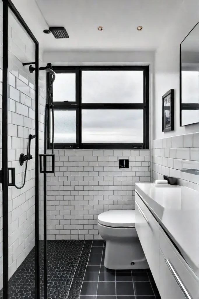 Modern minimalist shower renovation with white and black tiles