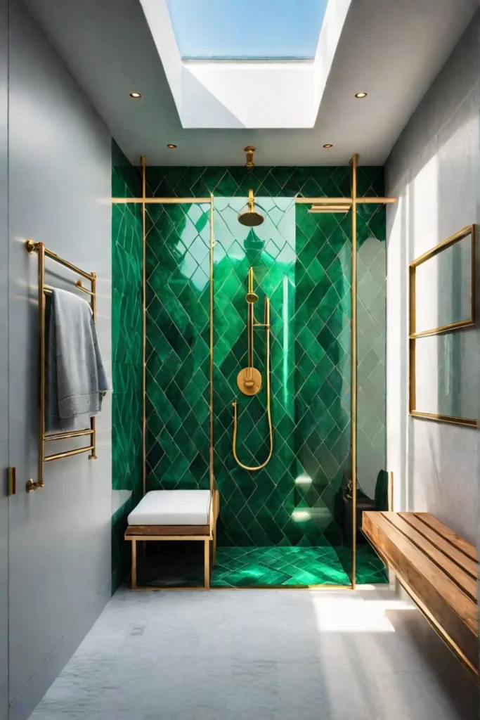 Modern shower with green tiles and gold fixtures