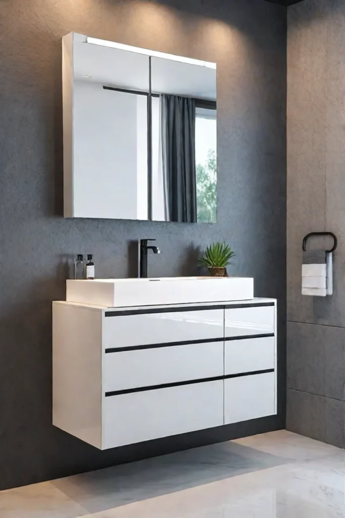 Modern bathroom vanity with a floating mirrored cabinet and touchactivated lighting