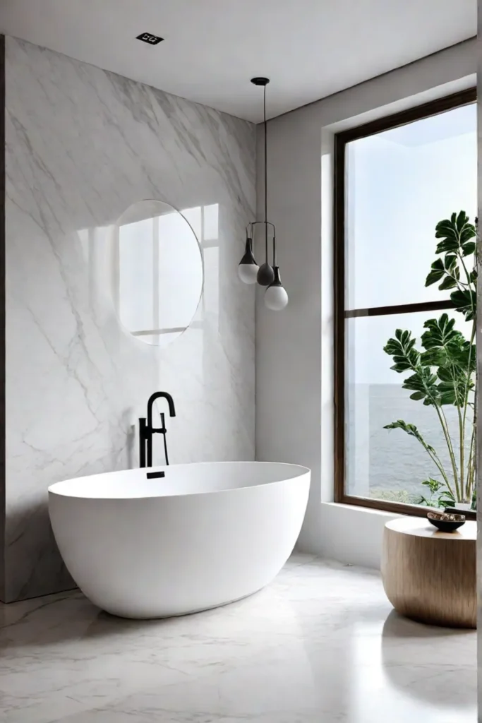 Modern bathroom with large format marble tiles reflecting natural light