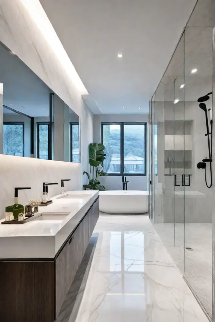 Modern bathroom with white porcelain floor tiles and marblelook wall tiles