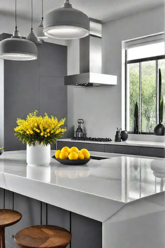 Modern gray kitchen with yellow accent