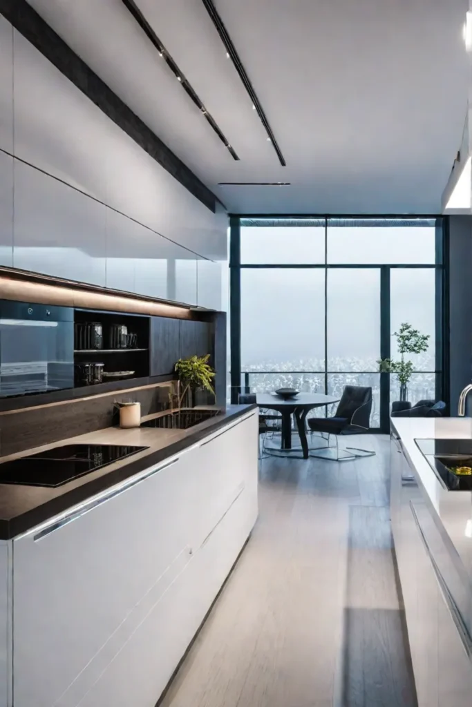 Modern kitchen with energyefficient smart refrigerator and induction cooktop