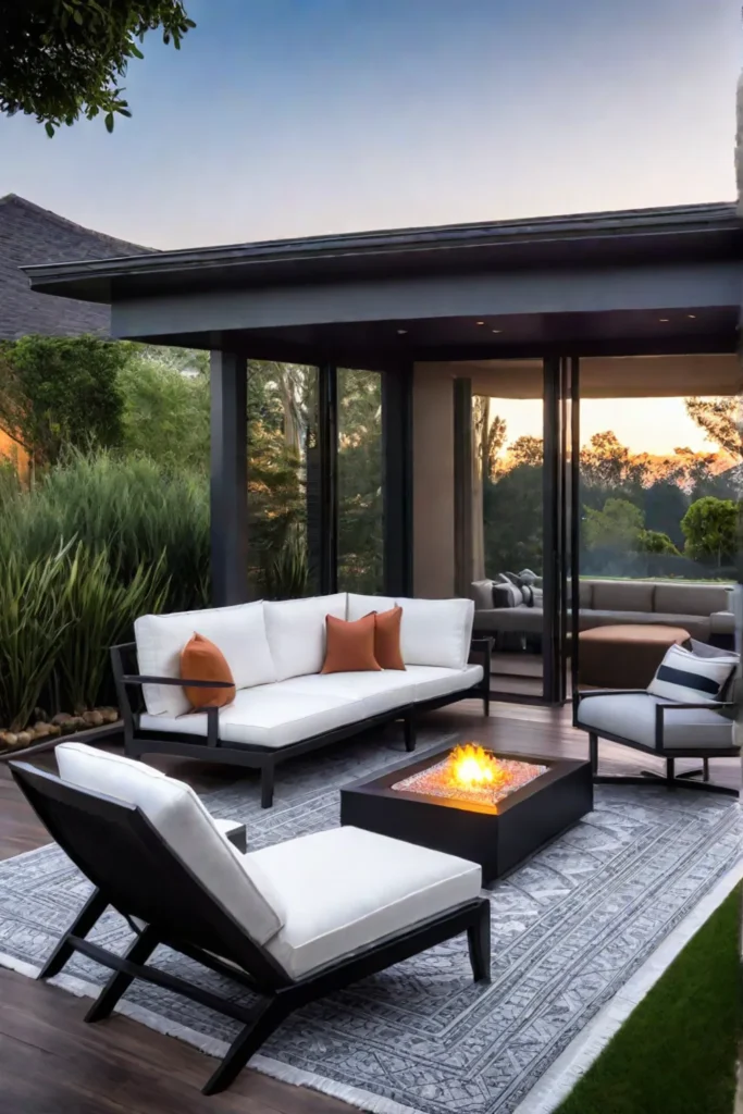 Modern porch with a gas fire pit and lounge area