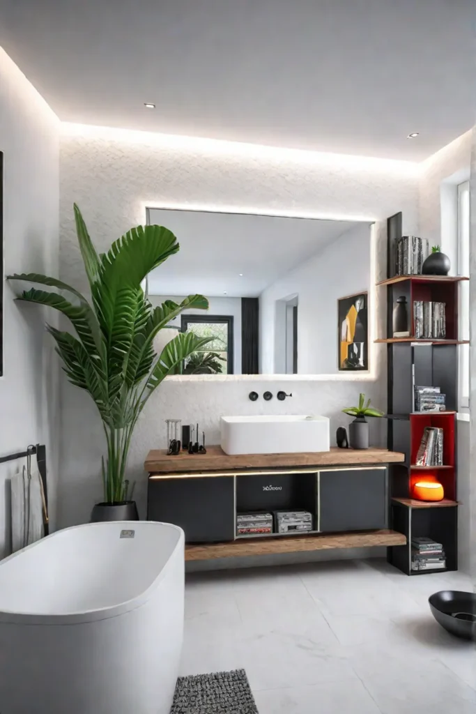 Musicthemed bathroom with musical instrumentshaped shelves and a record player