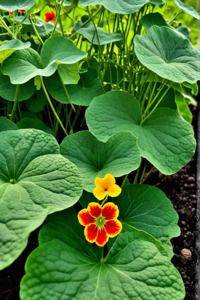 Nasturtiums and cucumbers growing together