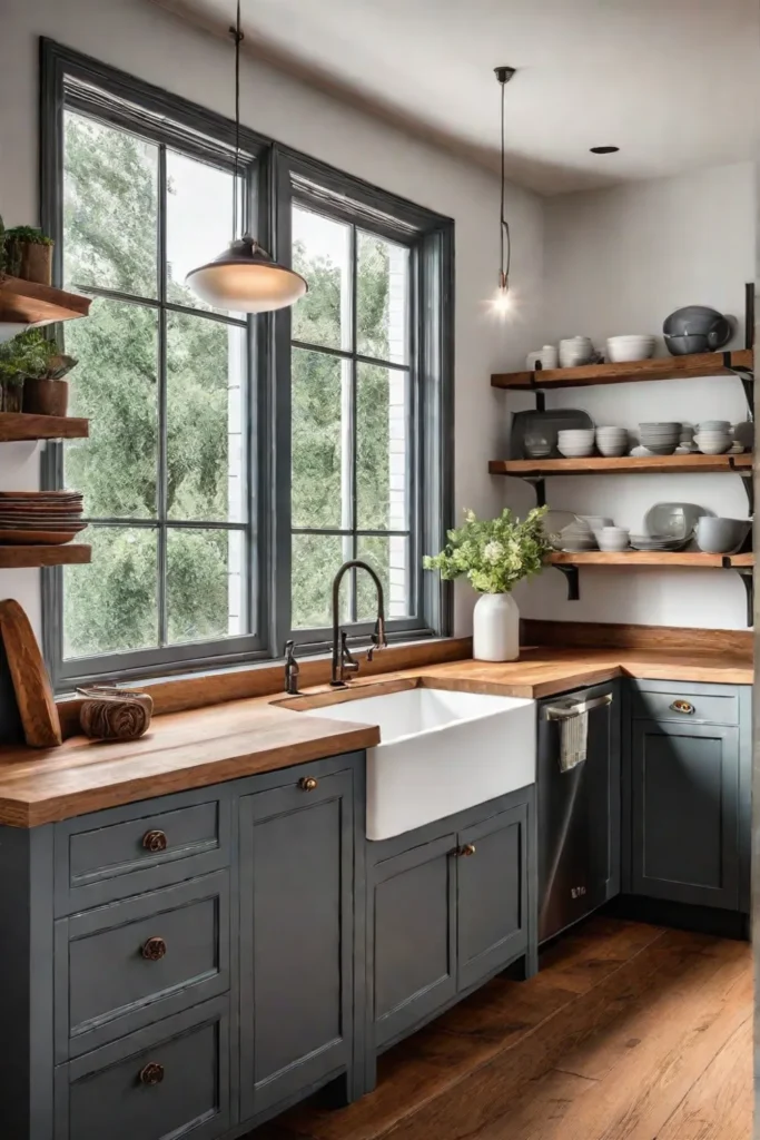 Natural light and a mix of pendant and undercabinet lighting brighten a farmhousestyle small kitchen