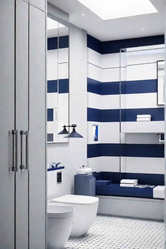 Nauticalthemed bathroom with navy blue and white stripes and shipshaped shelves